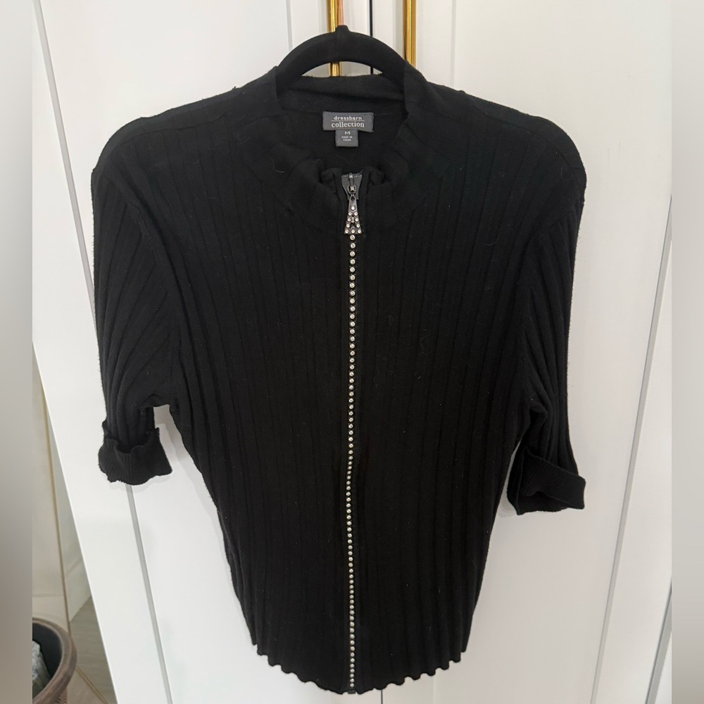 Dressbarn Black Ribbed Bling Zip-Up Cardigan